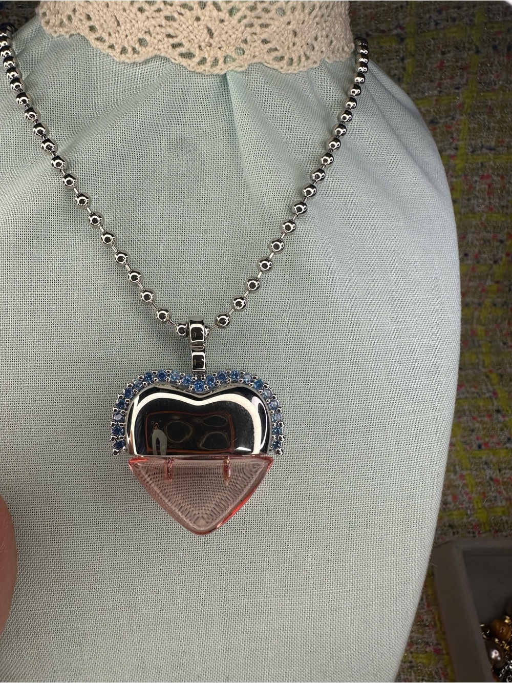 A great Silver Heart Pendant Necklace with Blue Stones and Pink Enamel